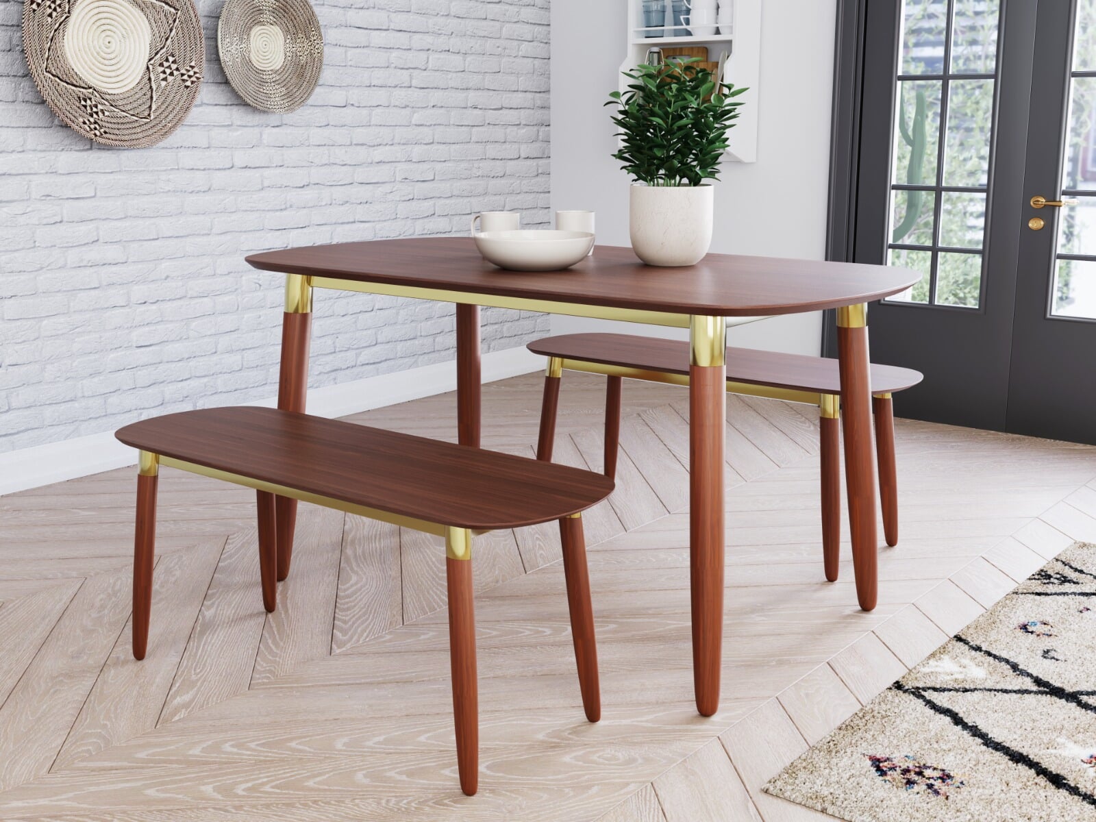 Flair Edelweiss Dining Table and Bench Set Walnut and Brass 151x81 cm