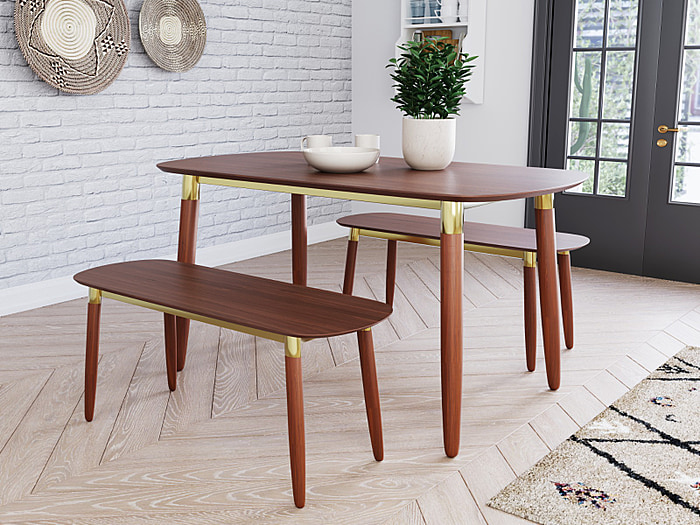 Flair Edelweiss Dining Table and Bench Set Walnut and Brass