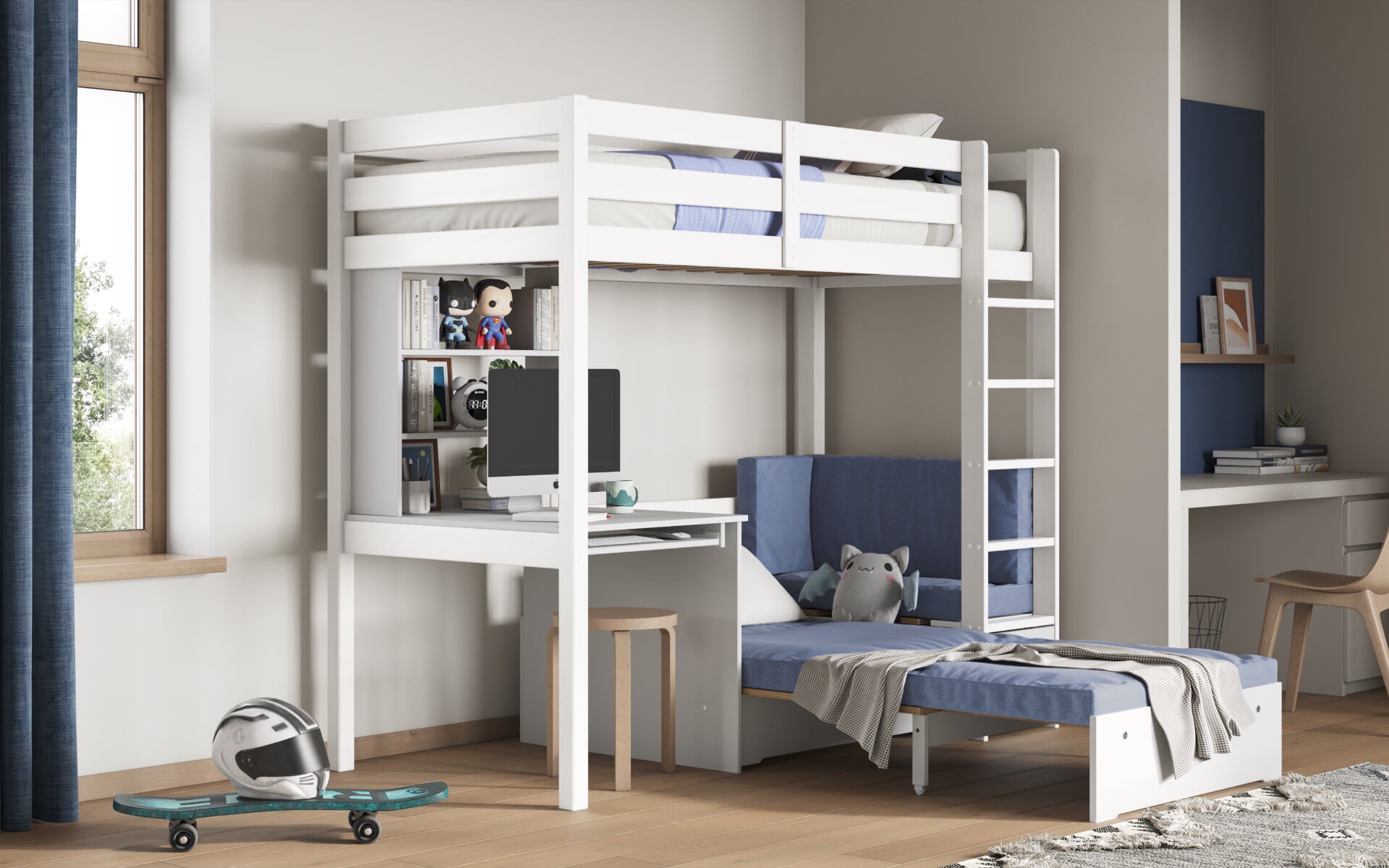 High rise bed with deals desk and futon