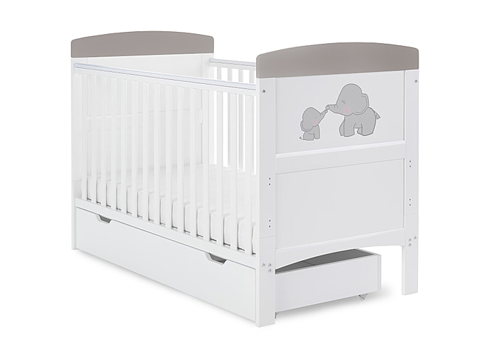 Obaby Grace Inspire Cot Bed  & Under Drawer - Me & Mini Me Elephants Grey
