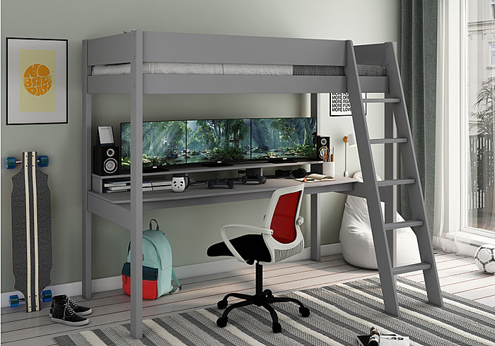 Contemporary grey high sleeper with a large gaming area beneath.