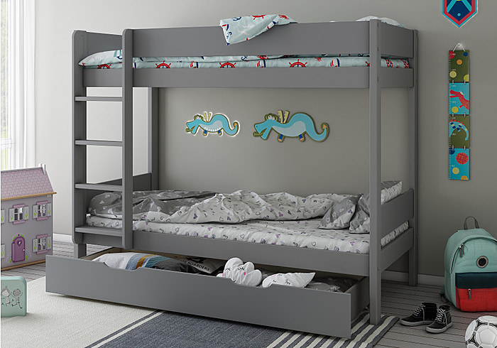 Contemporary grey bunk bed with pull out drawer. Reversible ladder and compact design.