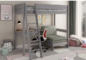 Modern, grey high sleeper with corner desk and pull out chair bed beneath. Solid wood construction, wood slatted base.