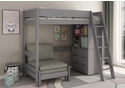 Modern, grey high sleeper bed with sofabed, 3 drawer chest and cube storage unit.