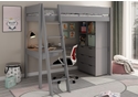Modern grey high sleeper with corner desk, drawer chest and cube storage unit.