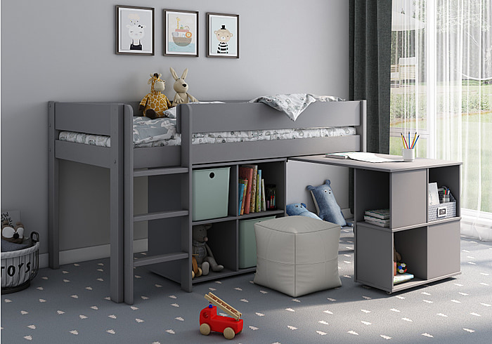 Modern grey mid sleeper bed frame with storage cube and pull out desk.