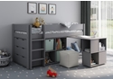 Modern grey mid sleeper with cube storage, pull out desk and 3 drawer chest.