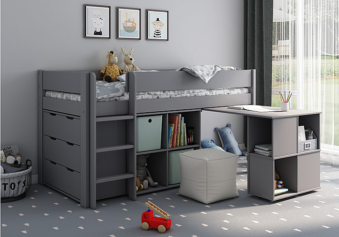 Modern grey mid sleeper with cube storage, pull out desk and 3 drawer chest.