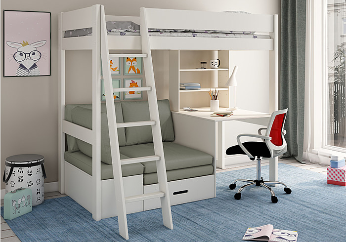 Contemporary white high sleeper bed with a desk, pull out futon and shelving