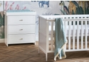 Modern white 2 piece room set, cot bed and 3 drawer changing unit. Cot bed has 3 base height settings.