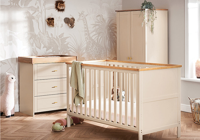 Modern cashmere and wooden finish 3 piece room set. Comprising cot bed, double wardrobe and changing unit with 3 drawers.