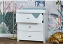 White modern 3 drawer changing unit with stylish brass handles. Removable changer top transforms into flat top drawer chest.