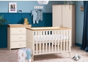 Modern cashmere and wood 3 piece room set, comprising, mini cot bed, double wardrobe and 3 drawer changing unit.
