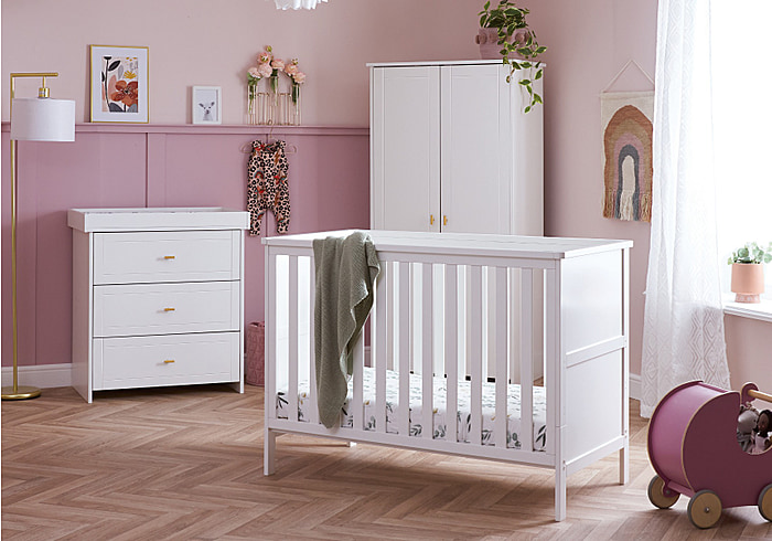 Modern white 3 piece room set, comprising, mini cot bed, double wardrobe and 3 drawer changing unit.