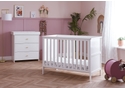 Modern 2 piece room set in a white finish. Comprises 2 drawer changing unit and mini cot bed with 3 base heights.
