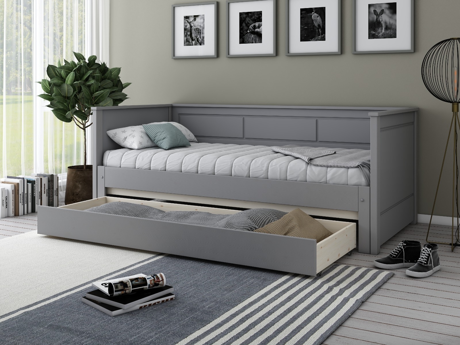 grey wooden guest bed