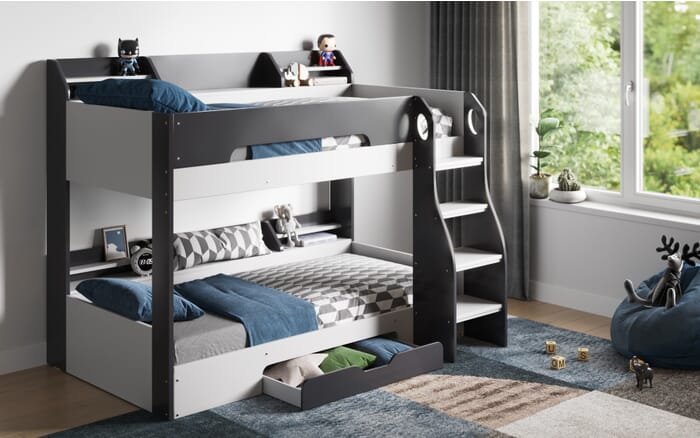 White and Grey flick bunk bed with shelves