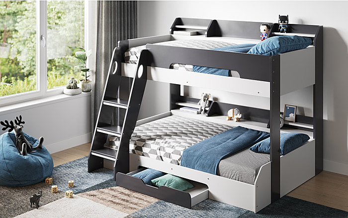 Flair Flick Triple Bunk Bed Grey With Shelves And Drawer
