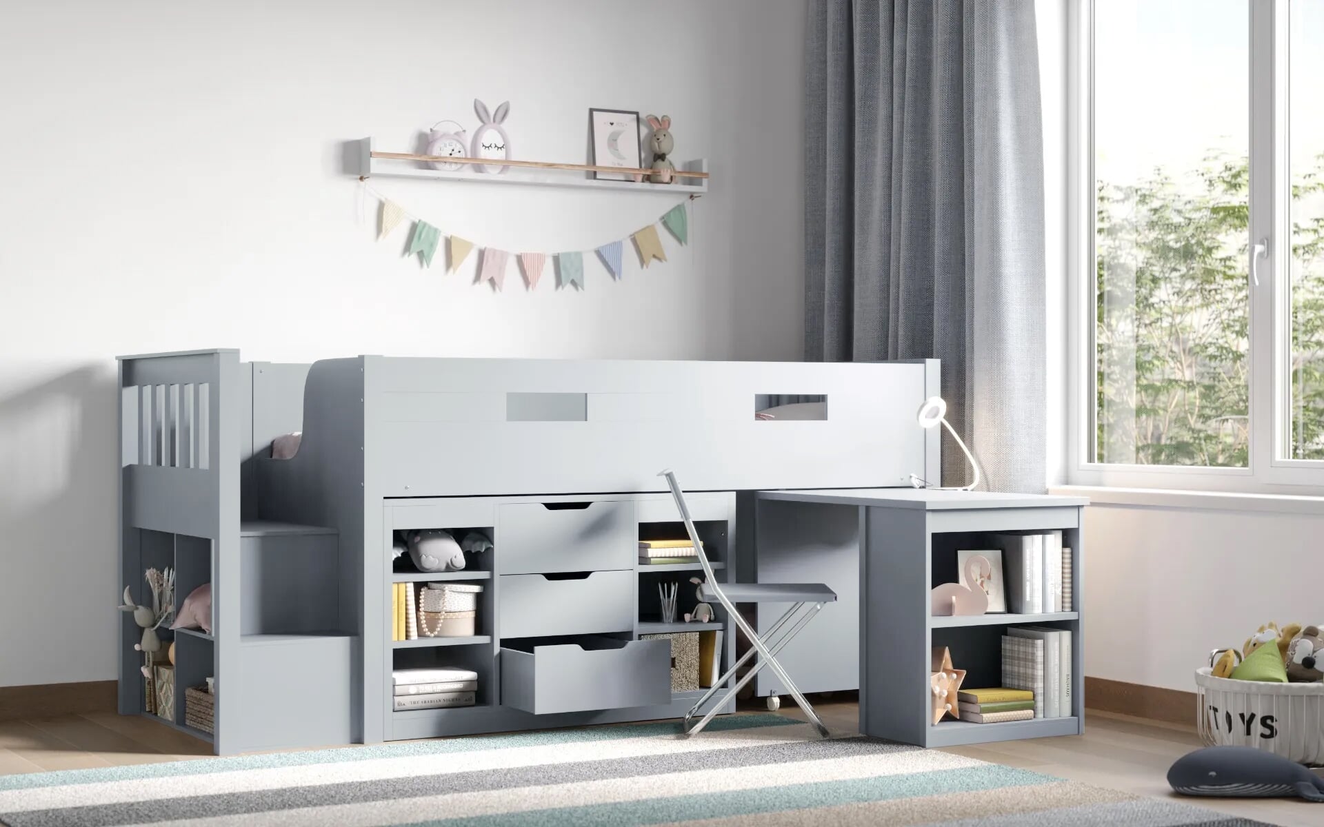 Grey high sleeper with 2024 desk