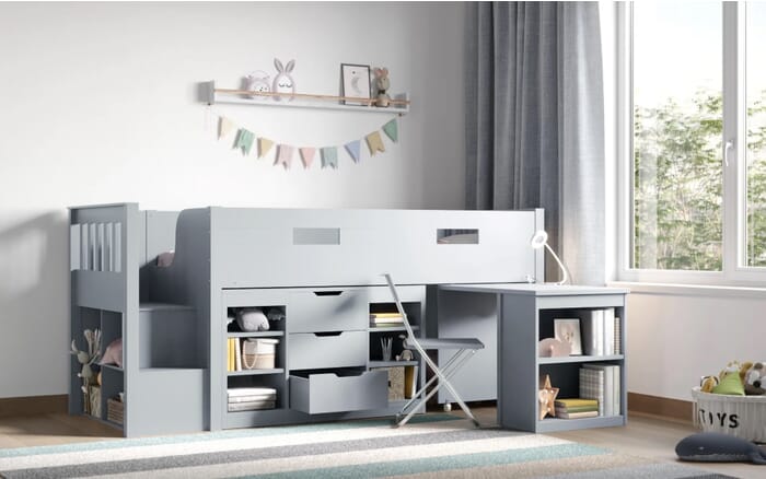 Flair Grey Charlie Mid Sleeper Cabin Bed Set With Storage And Desk