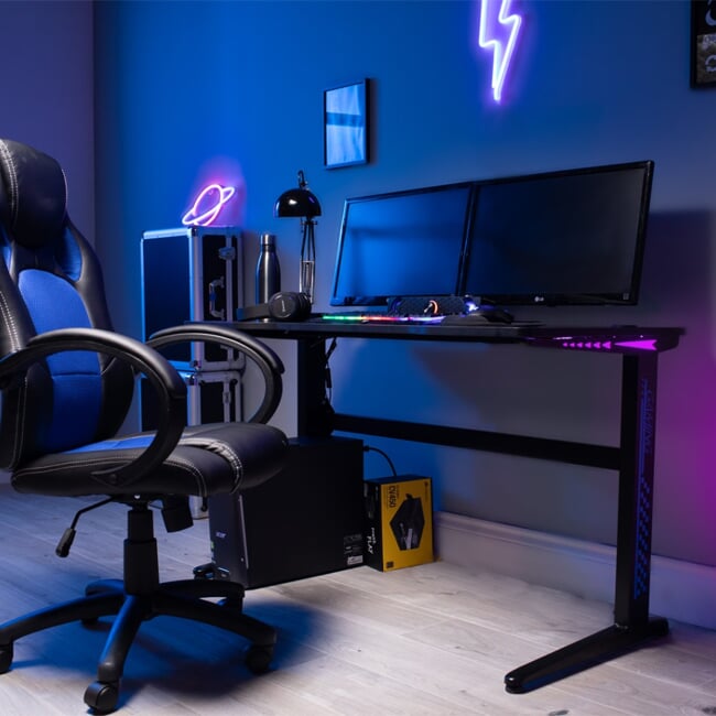 black led gaming desk with riser