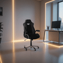 Black gaming racing chair with white trim in office space