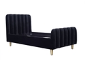 A luxurious black velvet toddler bed frame with a deep padded headboard and footboard. Tapered gold legs.