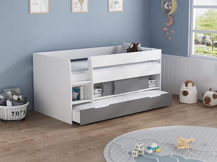 Flair Glide Guest Bed White & Grey With Shelves and Trundle