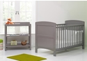 Stylish taupe grey cot and open changing unit set. Made from wood. The cot has open sides and solid curved end panels.