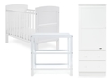 Stylish White 3 Piece nursery room set, comprising, cot, single wardrobe and open changing unit.