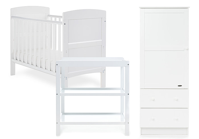 Stylish White 3 Piece nursery room set, comprising, cot, single wardrobe and open changing unit.