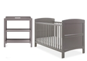 Two piece taupe grey nursery set comprising cot bed and open changing unit. Cot has open slatted sides and 3 height positions.