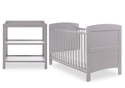 Two piece warm grey nursery set comprising cot bed and open changing unit. Cot has open slatted sides and 3 height positions.