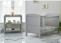Stylish warm grey cot and open changing unit set. Made from wood. The cot has open sides and solid curved end panels.