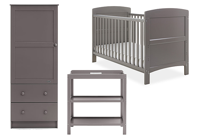 Three piece taupe grey nursery set comprising cot bed, open changing unit and wardrobe. Cot has open slatted sides and 3 height positions.