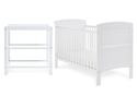 Two piece white nursery set comprising cot bed and open changing unit. Cot has open slatted sides and 3 height positions.