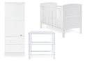 Three piece white nursery set comprising cot bed, open changing unit and wardrobe. Cot has open slatted sides and 3 height positions.