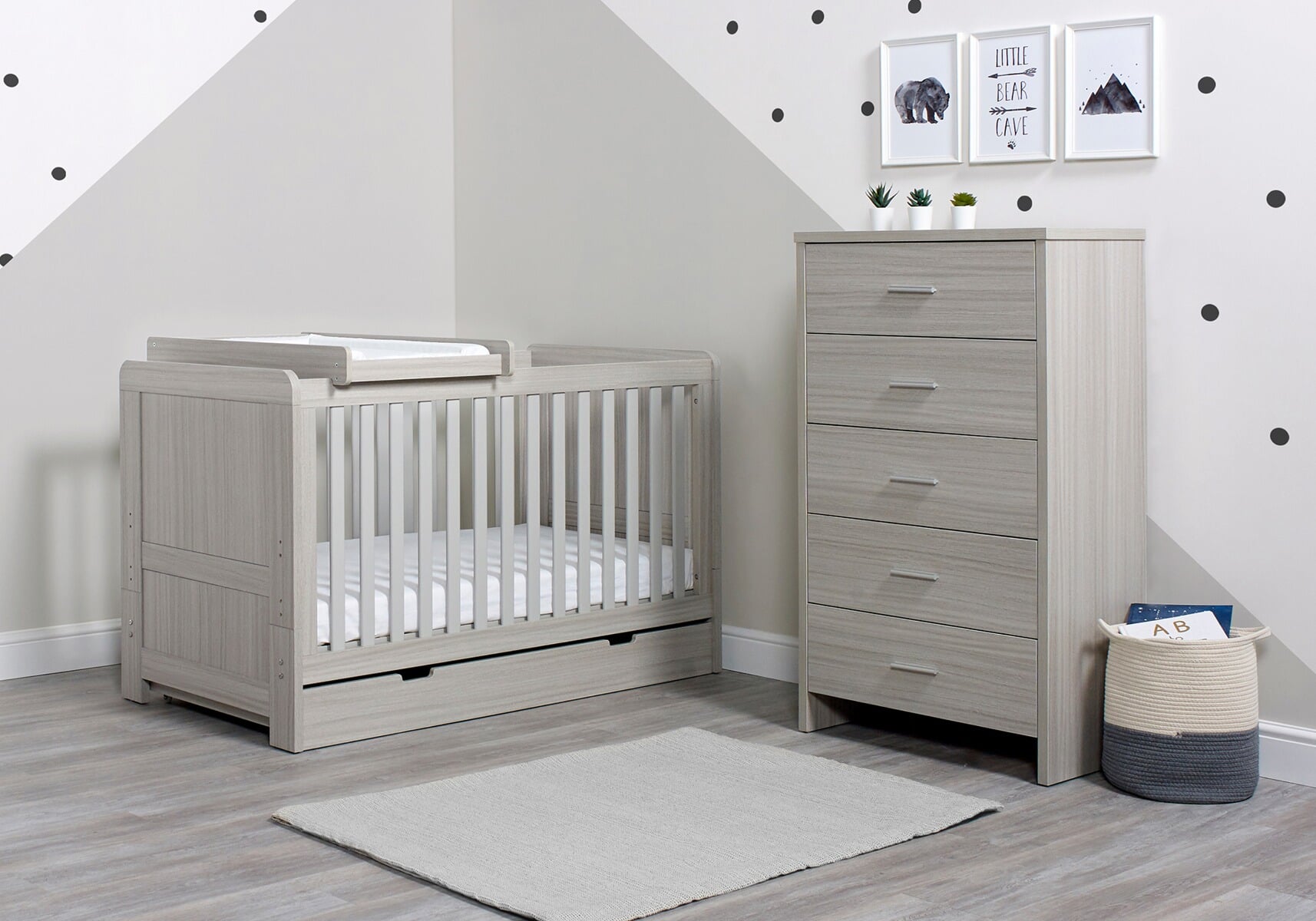 Cot bed with drawer 2024 and changer on top