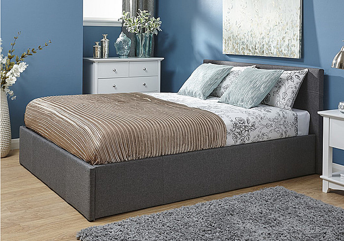 GFW End Lift Ottoman Bed modern styling available in grey faux leather and grey fabric sprung slatted base sturdy hardwood frame