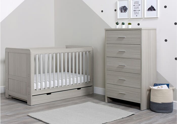 Ickle Bubba Pembrey Cot Bed, Under Drawer and Tall Chest Modern design Two colour options Grey and Grey and White