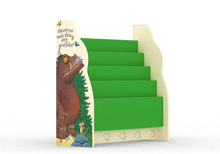 Children's brightly coloured Gruffalo themed sling bookcase. Images of the Gruffalo and mouse on the sides. 4 Bright green book sleeves