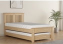 Contemporary oak finish guest bed with pull out under bed. Slatted headboard with a plinth top. Low foot end with a plinth top.