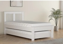 Contemporary white finish guest bed with pull out under bed. Slatted headboard with a plinth top. Low foot end with a plinth top.