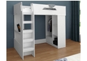 Modern white high sleeper bed with open shelves, hanging rail and a drawer beneath and workstation under the sleeping area.