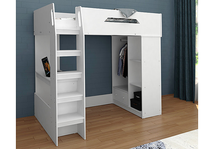 Modern white high sleeper bed with open shelves, hanging rail and a drawer beneath and workstation under the sleeping area.