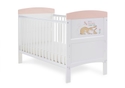 White cot bed beautifully illustrated with a rabbit design, teething rails included, 3 base height options