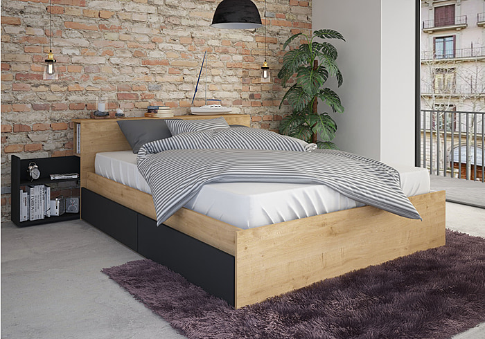 A contemporary storage bed with 4 drawers, 2 pull out bedsides and 2 cubbys. Sleek Oak and Graphite finish. Ideal for teens