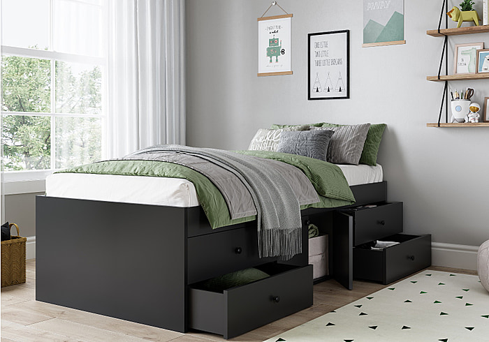 Kidsaw Low Single Storage Cabin Bed Modern design 4 drawers 1 cupboard black finish UK single size