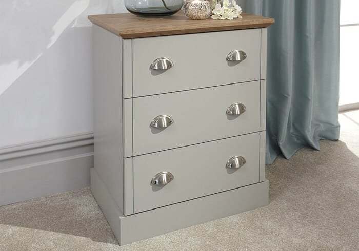 GFW Kendal 3 Drawer Chest traditional style with chrome cup handles and oak top available in grey or slate blue