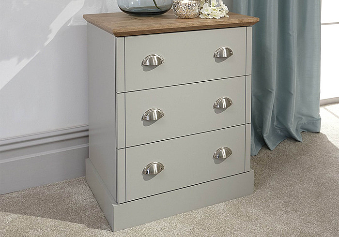 GFW Kendal 3 Drawer Chest traditional style with chrome cup handles and oak top available in grey or slate blue